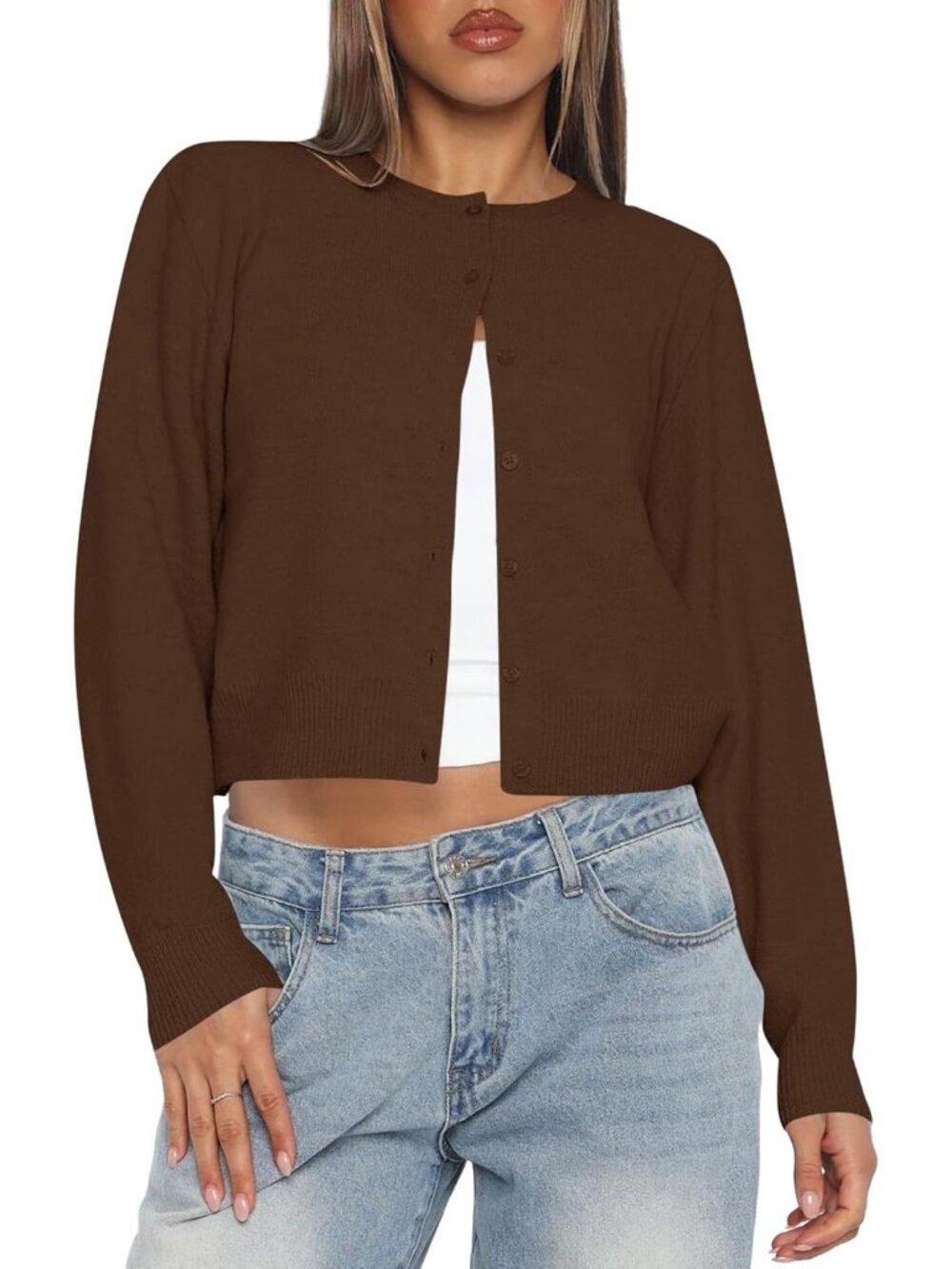 Women's Coffee Long Sleeve Button Up Cropped Imported Cardigan Sweaters